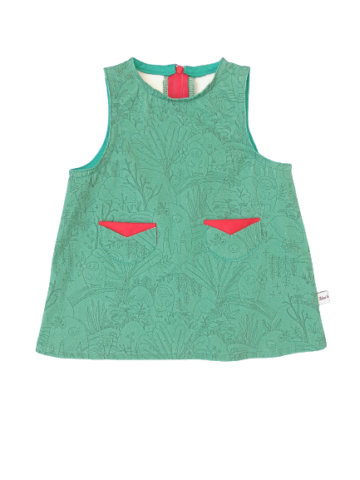 Robe chasuble d'été pour bébé en sergé de coton vert bouteille à motifs certifié GOTS en taille 2 ans