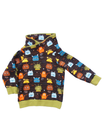 Pull bébé à col croisé en sweat certifié GOTS en taille 2 ans avec un tissu noir avec des monstres de toutes les couleurs